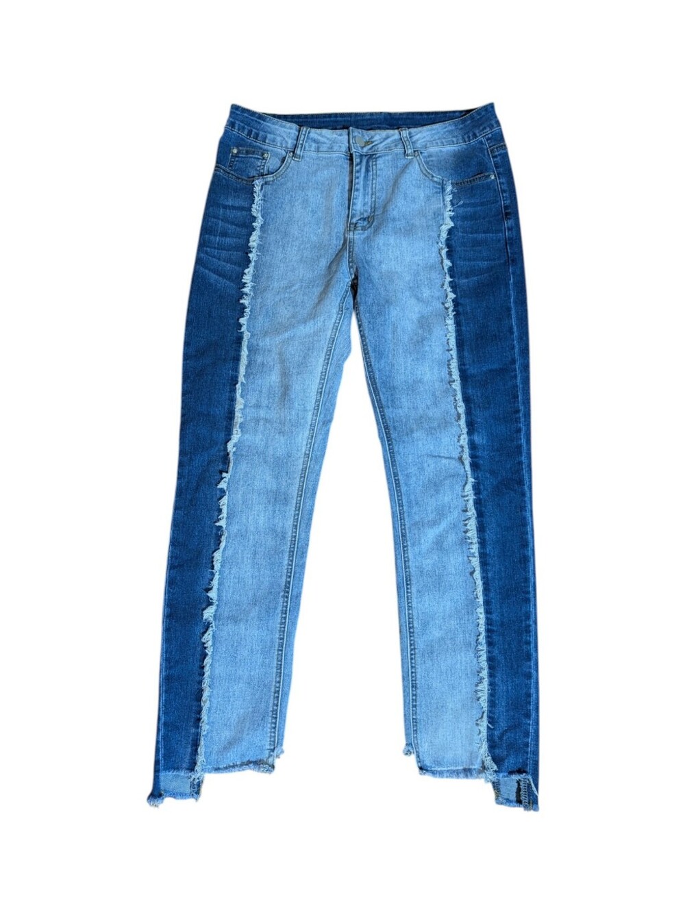 Hayden Two-Tone Jeans in Lightl Dark Blue Fringe Front Step Hem Cool W30 L24